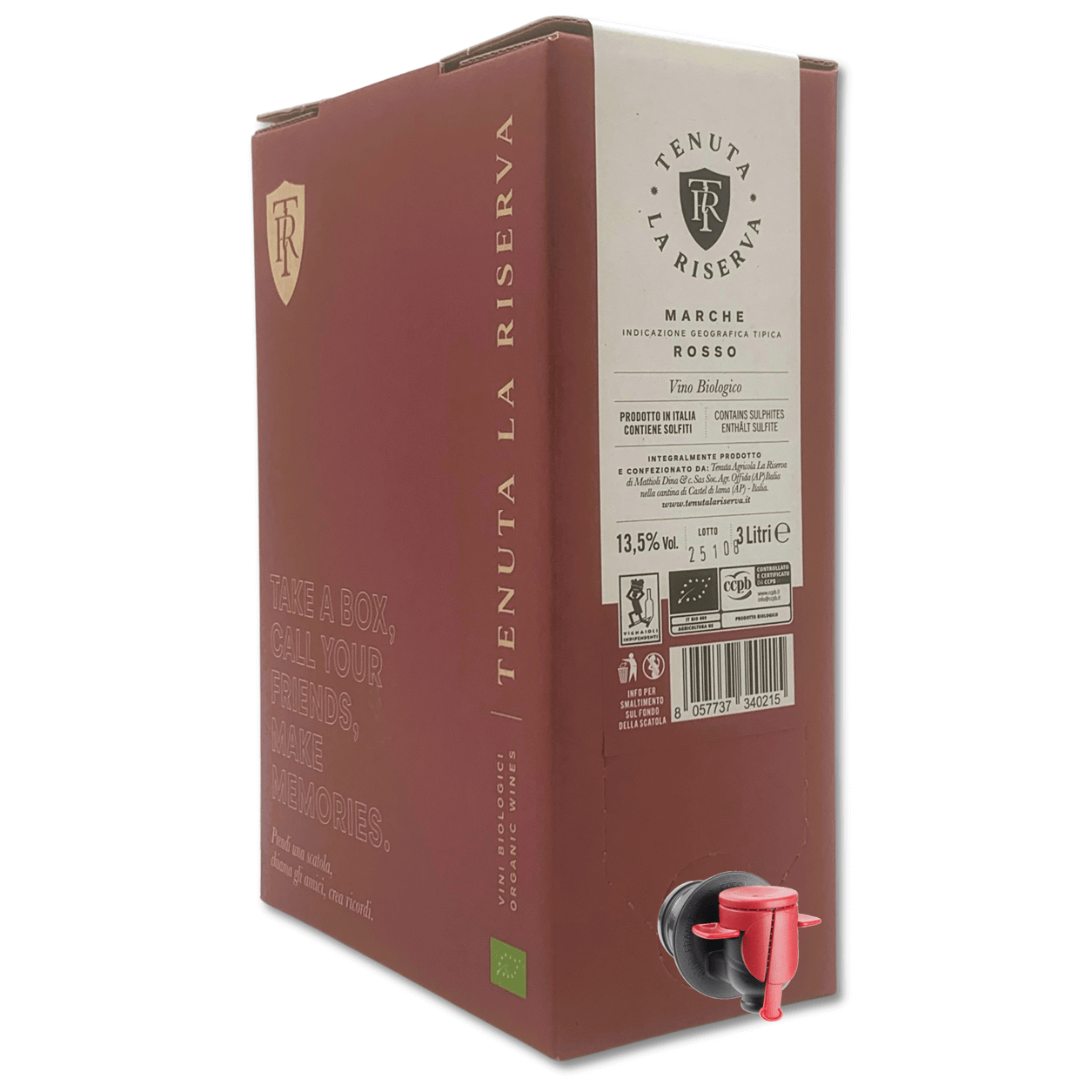 Dalle uve integralmente prodotte all'origine all'interno del comprensorio di Offida e Castel di Lama, nasce questo uvaggio di Sangiovese e Montepulciano, lo stesso che riserviamo al nostro Ner Piceno, certificato biologico e con una gradazione alcolica di 13,5%vol
Colore: rosso rubino intenso
Olfatto: vinoso, delicato, fragrante, con sentori di lamponi e ribes
Gusto: risulta asciutto, armonico e giustamente tannico
Perché scegliere il formato Bag in Box?
Conservazione ottimale
Il sistema ermeti