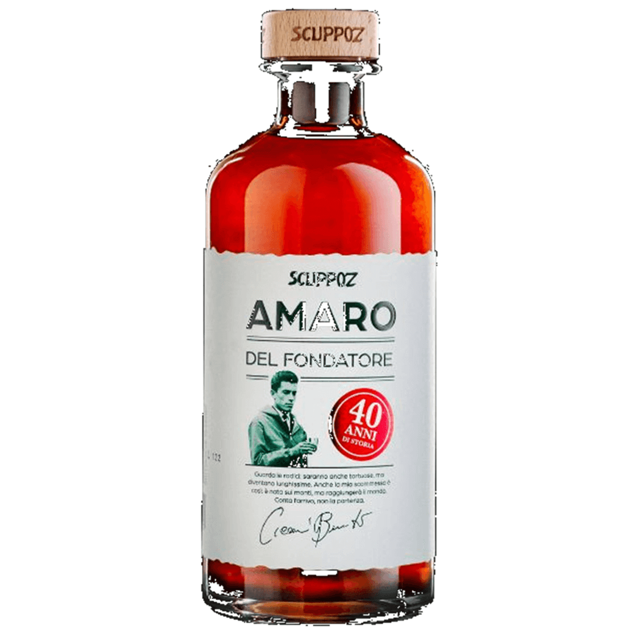 Un'edizione speciale del nostro celebre amaro.
Una rivisitazione in occasione del quarantennale di Scuppoz.
Una miscela a base di erbe infuse in brandy invecchiato, in onore di Benito Cicconi: il fondatore.
Ingredienti: Acqua, alcol, brandy, zucchero, infuso di erbe, fiori, radici (Assenzio Romano, Rabarbaro, Calamo, Menta, Genziana, China, Camomilla...)