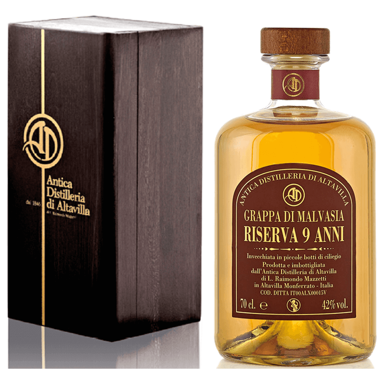 Vitigno: Malvasia di Casorzo d’ Asti.
Provenienza Vinaccia: Casorzo (Asti).
Sistema di distillazione: Discontinuo a bassa pressione con alambicchi in rame funzionanti a vapore
Periodo di distillazione: Ottobre e novembre di ogni anno.
Botti utilizzate: In piccole botti di ciliegio.
Colore: Ambrato tendente al rosso.
Profumo: Delicato, fruttato e decisamente aromatico.
Sapore: Morbido, sentori di ciliegia e frutti di bosco.