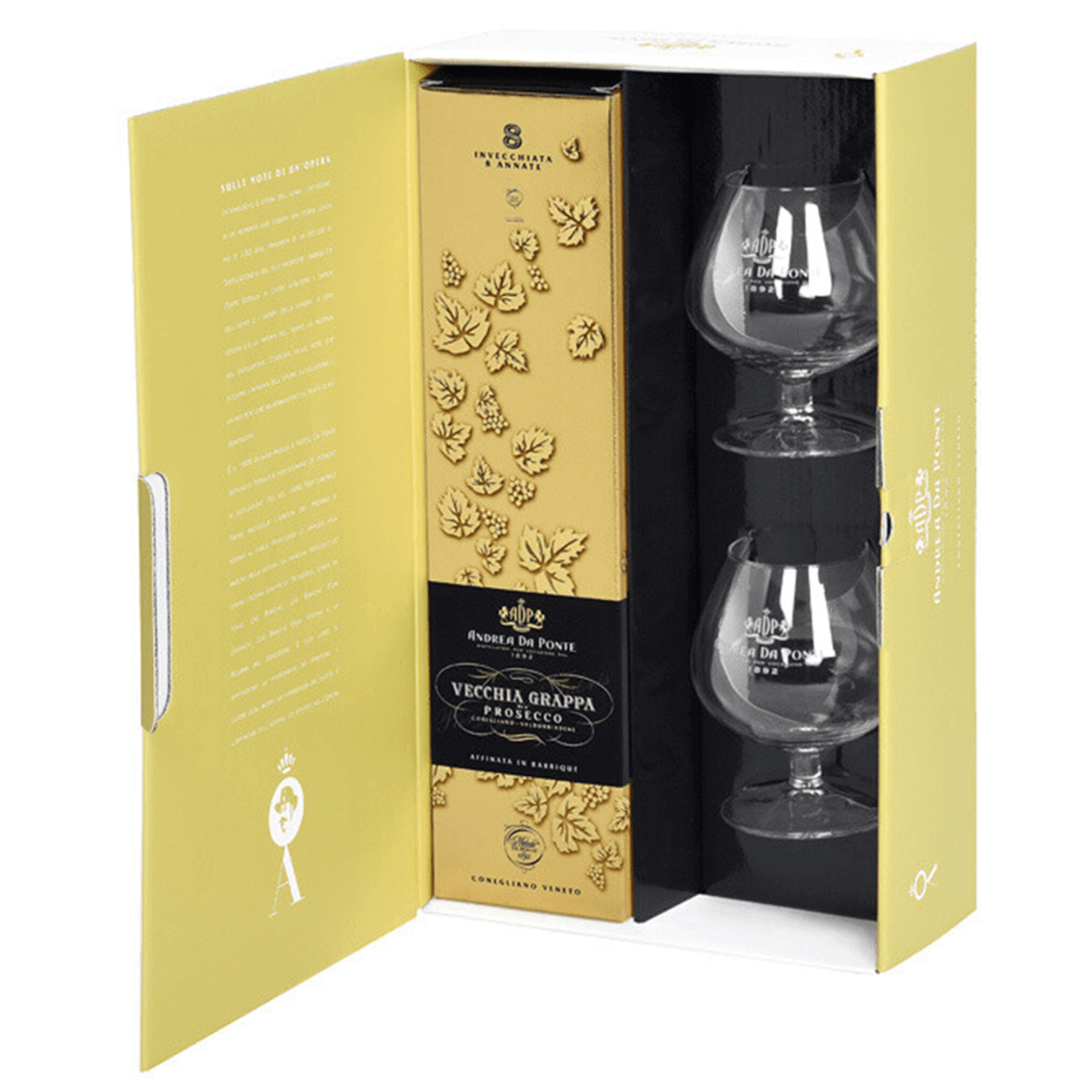 Vecchia Grappa di Prosecco 8 Annate Andrea Da Ponte 70cl in confezione regalo con 2 cognacchini