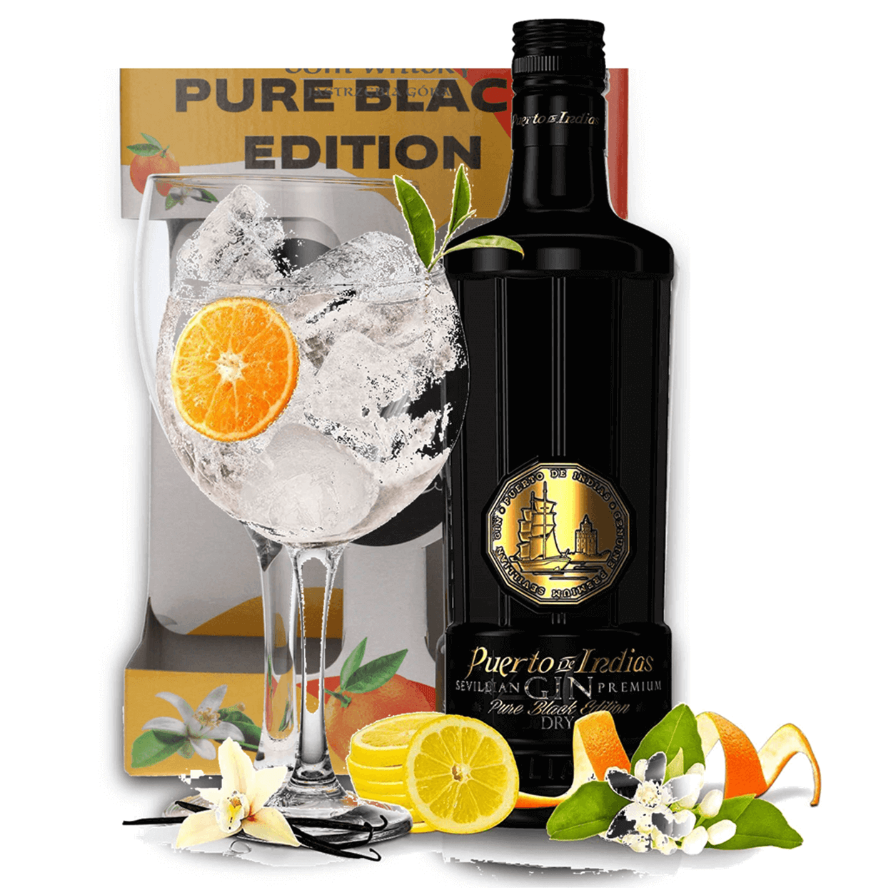 Gin Puerto de Indias Dry Sevillian Premium Black Edition 70cl + Calice in confezione regalo