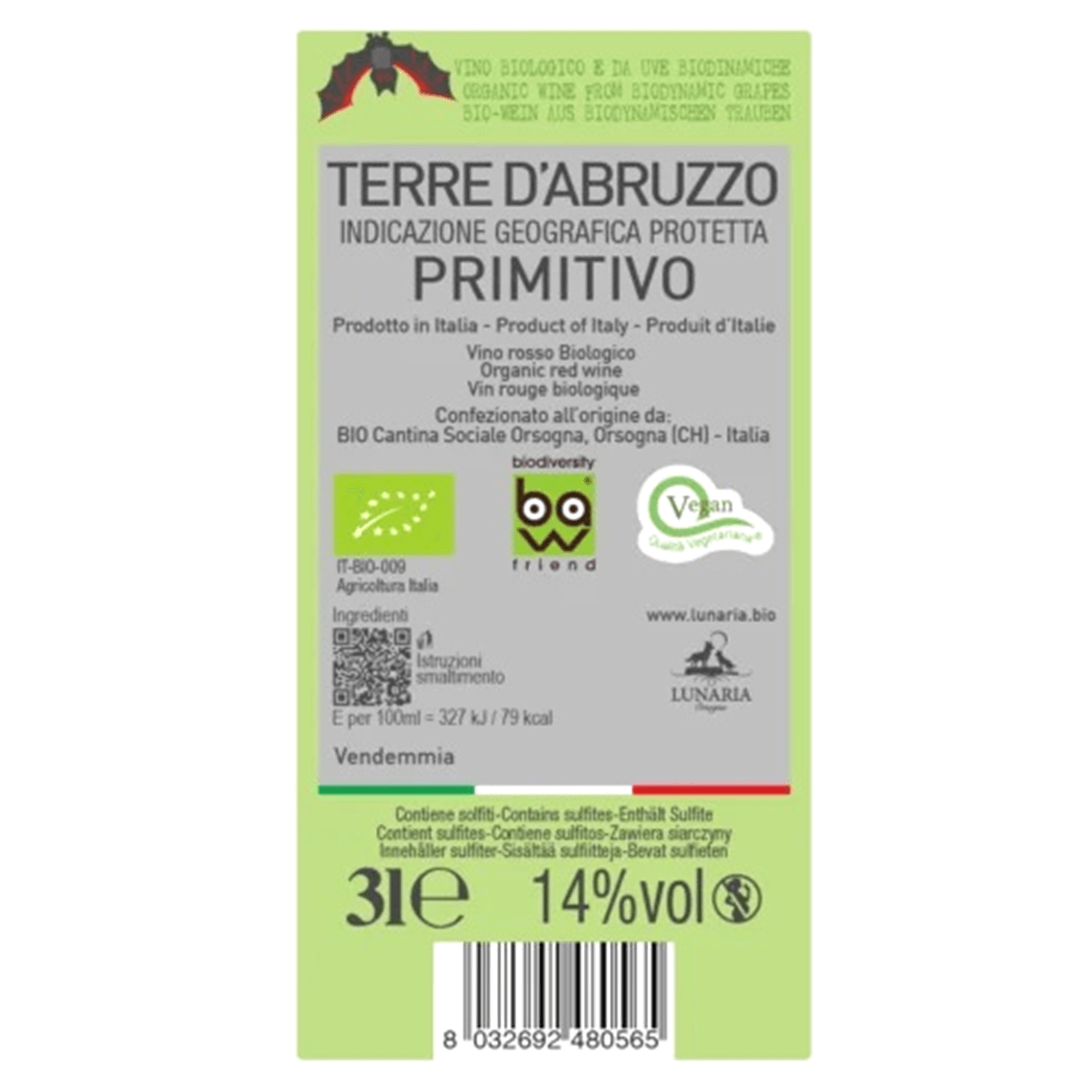 Bag in Box Primitivo Terre d'Abruzzo Lunaria Orsogna Biodinamico Demeter Vegan 3 litri