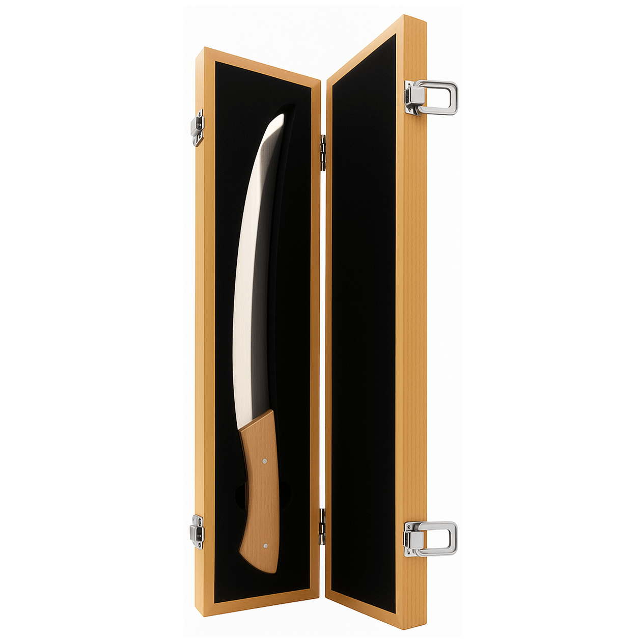 Scatola regalo con sciabola pesante per effettuare il sabrage, ovvero apertura dello champagne o spumante effettuata facendo saltare il collo in vetro della bottiglia. cm 45x11x5 in elegante cofanetto di legno con chiusure in metallo cromate