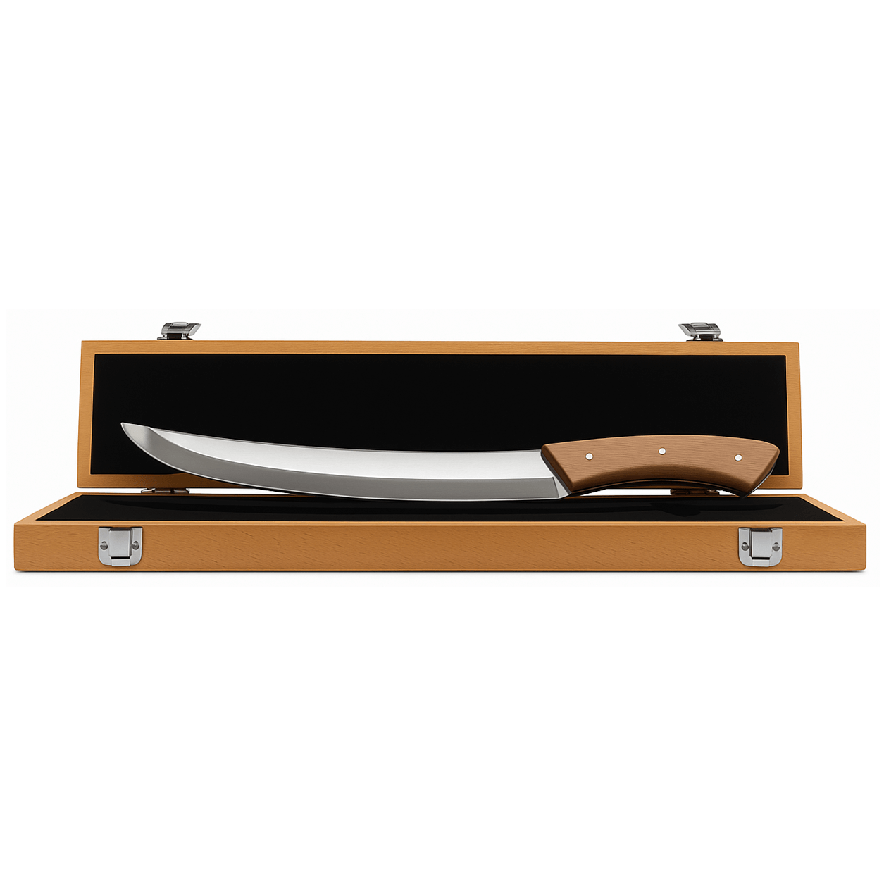 Scatola regalo con sciabola pesante per effettuare il sabrage, ovvero apertura dello champagne o spumante effettuata facendo saltare il collo in vetro della bottiglia. cm 45x11x5 in elegante cofanetto di legno con chiusure in metallo cromate