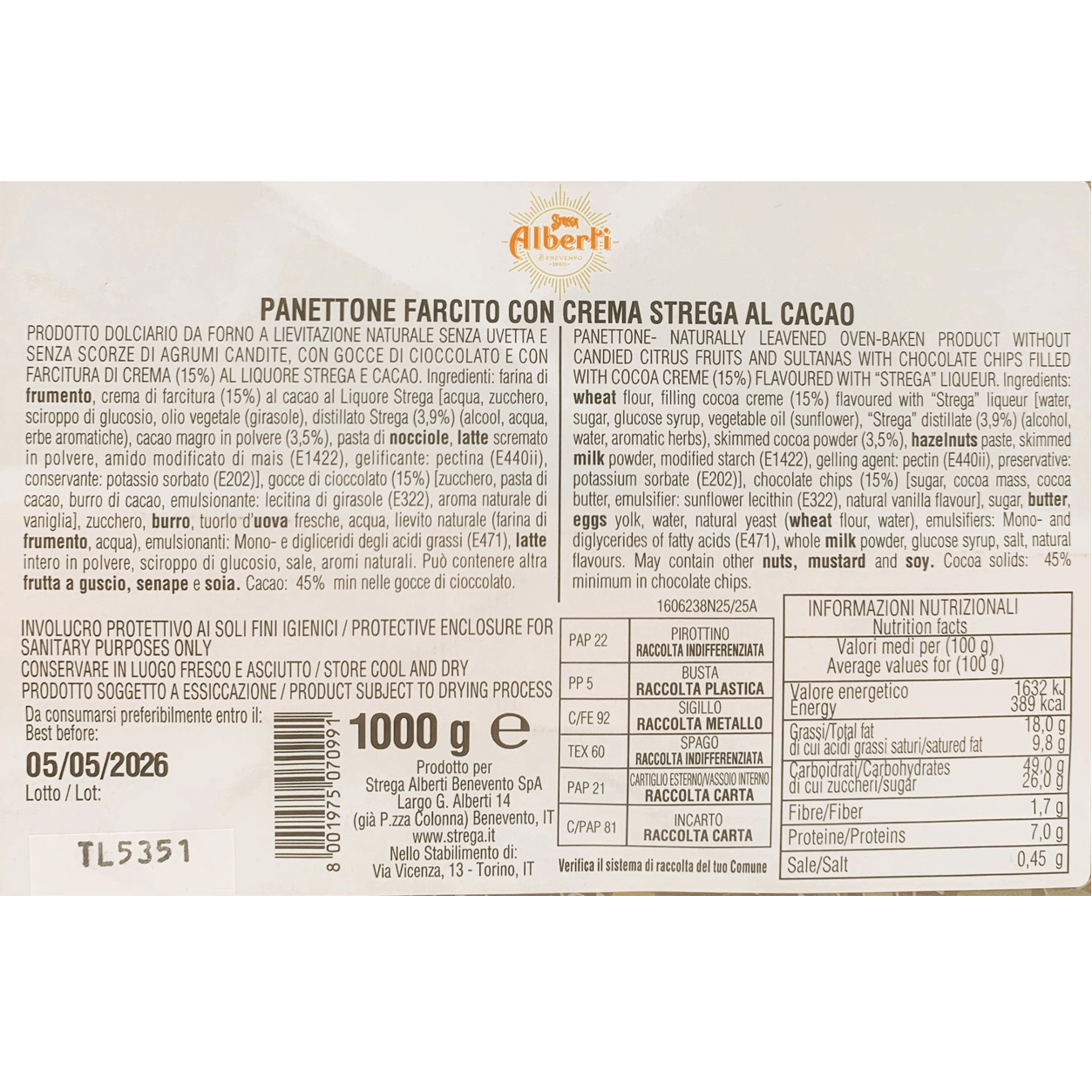 Panettone alla crema al cioccolato al liquore Strega Alberti 1KG Lievitazione naturale (in busta regalo Strega collezionabile)