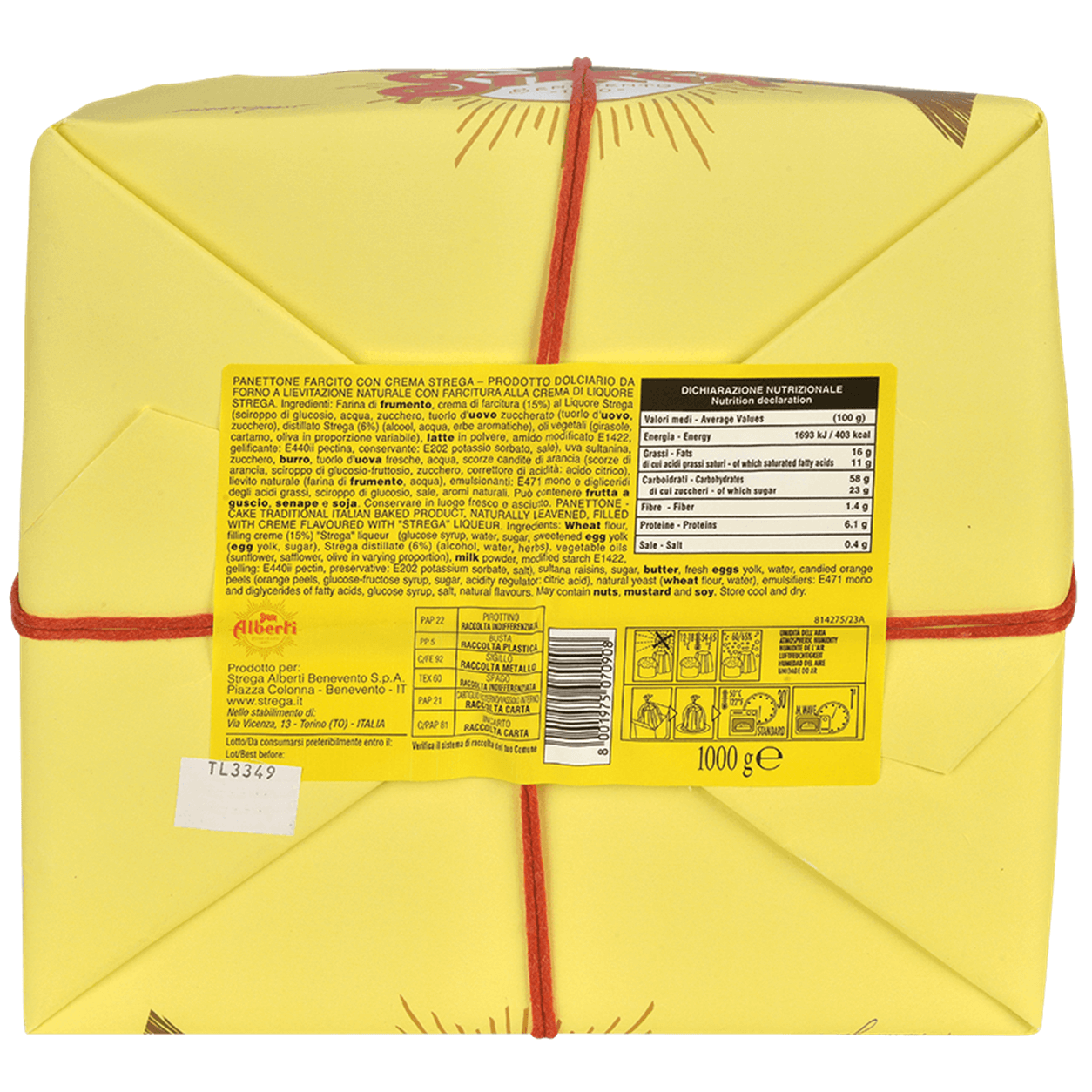 Panettone alla crema al liquore Strega Alberti 1KG Lievitazione naturale (in busta regalo Strega collezionabile)