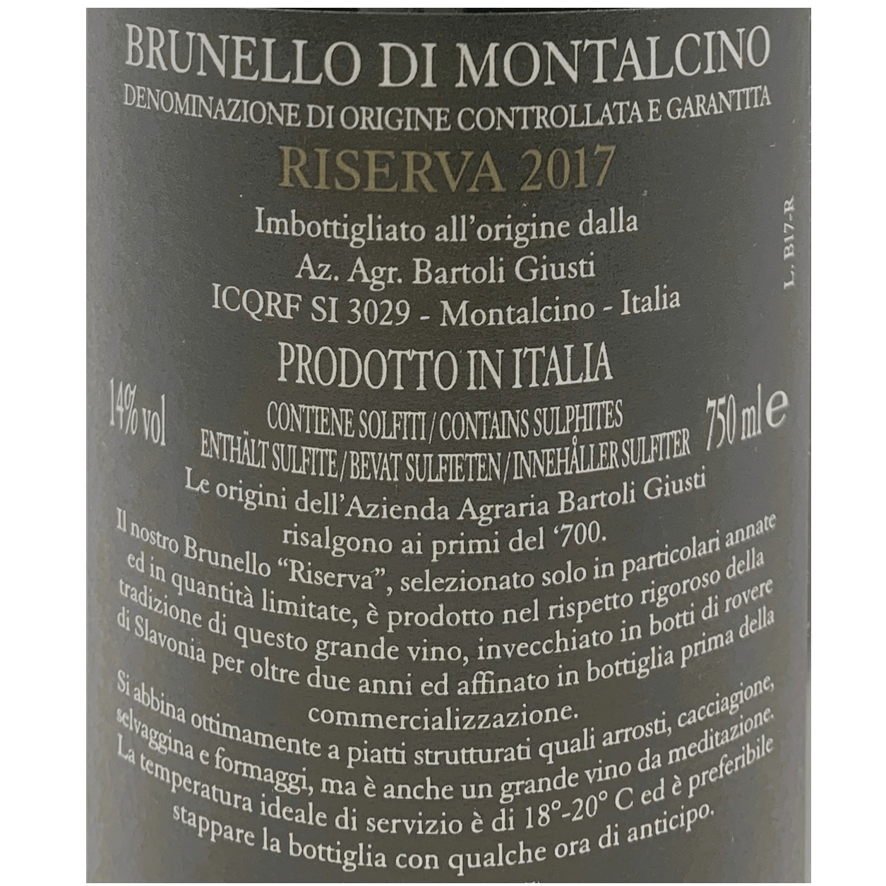 Brunello di Montalcino Riserva Docg 2017 Bartoli Giusti 14%vol