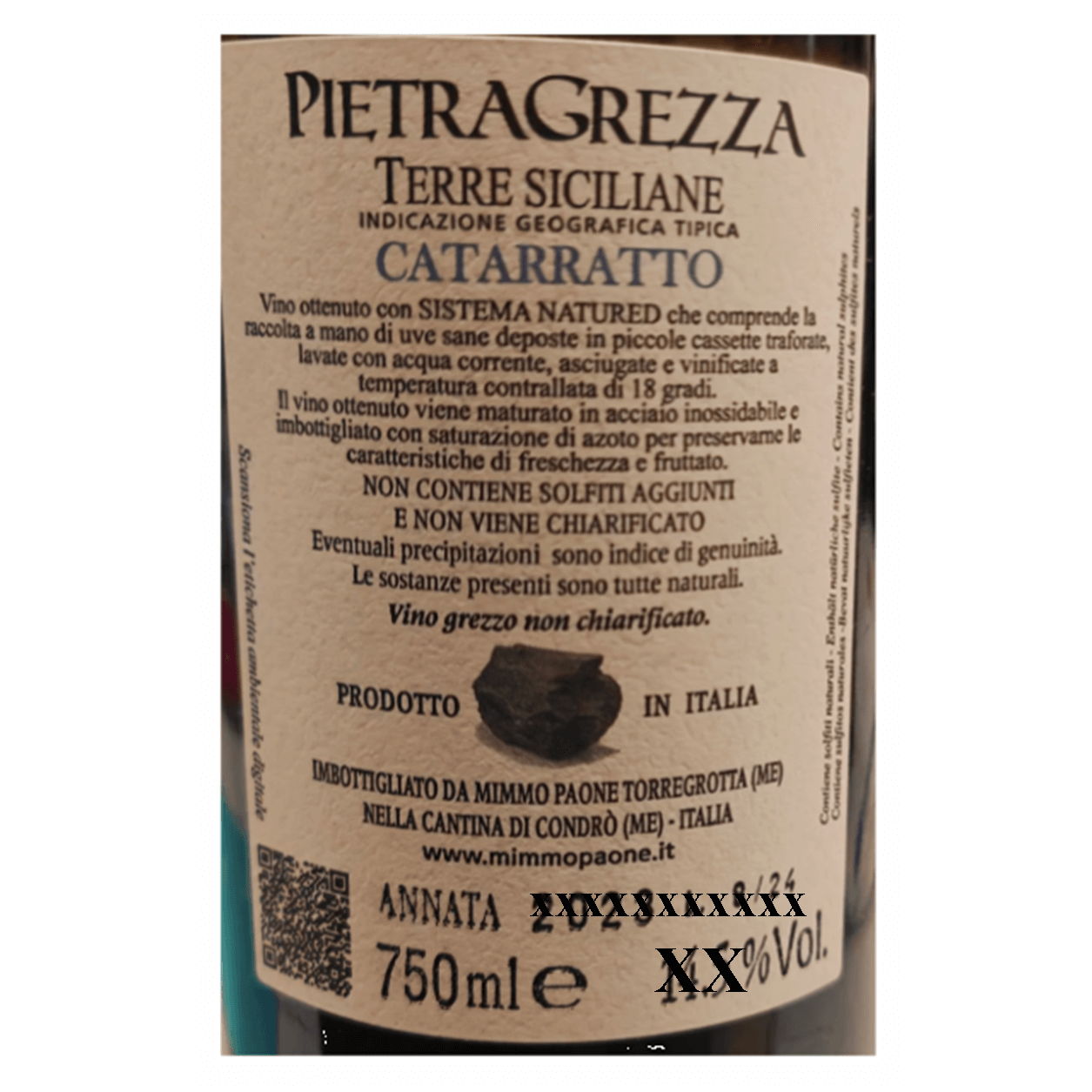 Catarratto Senza Solfiti Aggiunti Vino Bianco Pietragrezza Terre Siciliane IGP Mimmo Paone 14,5%VOL