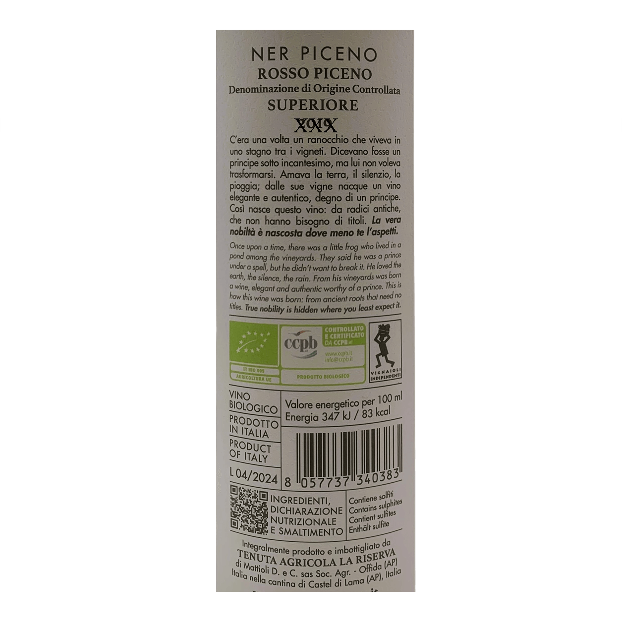 Rosso Piceno Superiore Doc Ner Piceno Vino Rosso Biologico FIVI Tenuta la Riserva 75cl