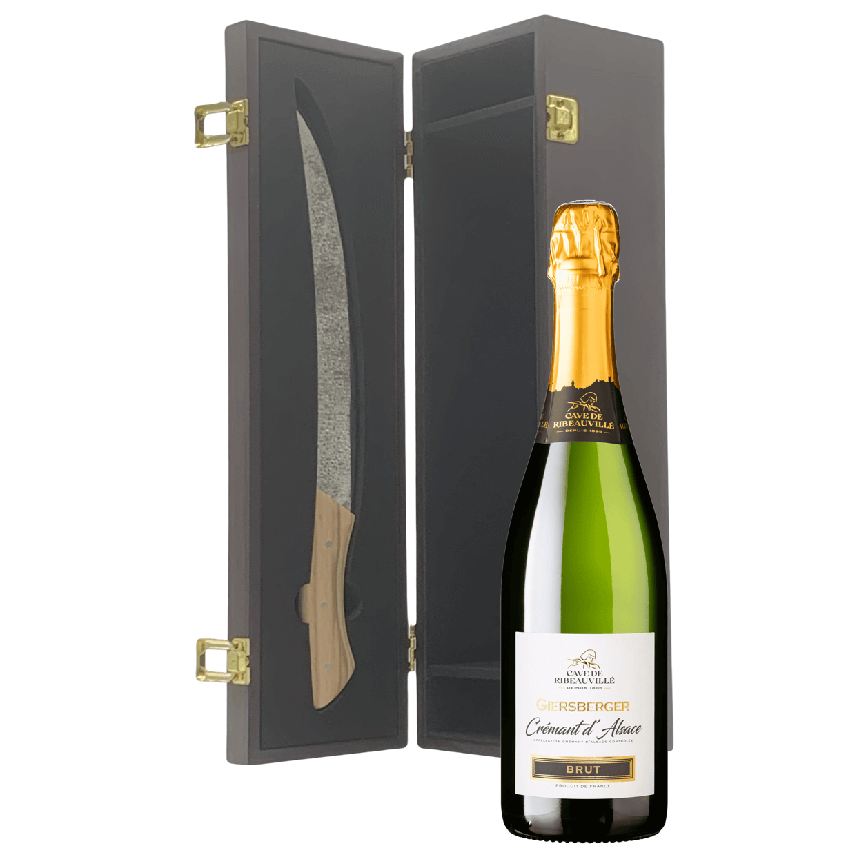 Sciabola per Champagne in cofanetto regalo di legno con bottiglia di Cremant Champenoise Francia 75cl inclusa