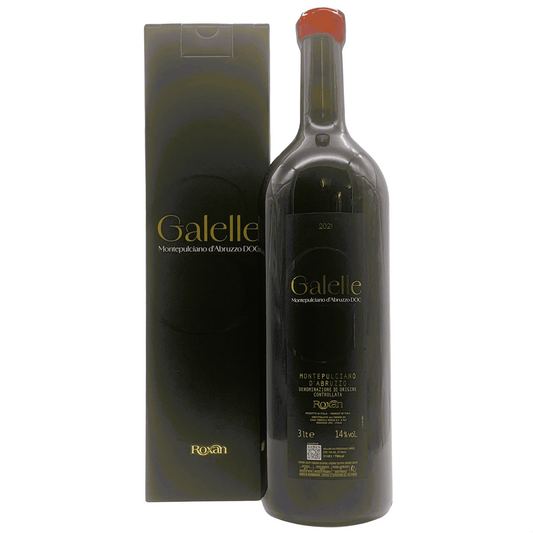 Jèroboam da 3 litri con chiusura in ceralacca, confezionata in elegante astuccio lucido serigrafato con manico in cordoncino.

Vino rosso dal colore rosso rubino, profumo complesso con note speziate e frutta matura dal gusto morbido ma deciso.

Vino rosso ottenuto da uve coltivate sulle caratteristiche colline di Rosciano, contornate di "Gale" (da cui deriva il nome), dopo una lunga macerazione con le bucce, subisce un periodo di invecchiamento in botti di rovere per 18-24 mesi nelle cantine Roxan.