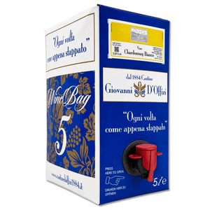 🥂 Colore giallo paglierino intenso

Al naso offre un elegante bouquet di fiori di acacia e di sentori che ricordano la frutta a polpa gialla

Al gusto è fresco, di buona struttura, con un finale lungo e accattivante

Perfetto con pesce alla griglia o con carni bianche in umido

Perché scegliere il formato Bag in Box?

Conservazione ottimale
Il sistema ermetico del Bag in Box mantiene il vino fresco fino a 8 settimane dall’apertura, proteggendolo dall’ossidazione e conservandone i profumi e la freschezza.