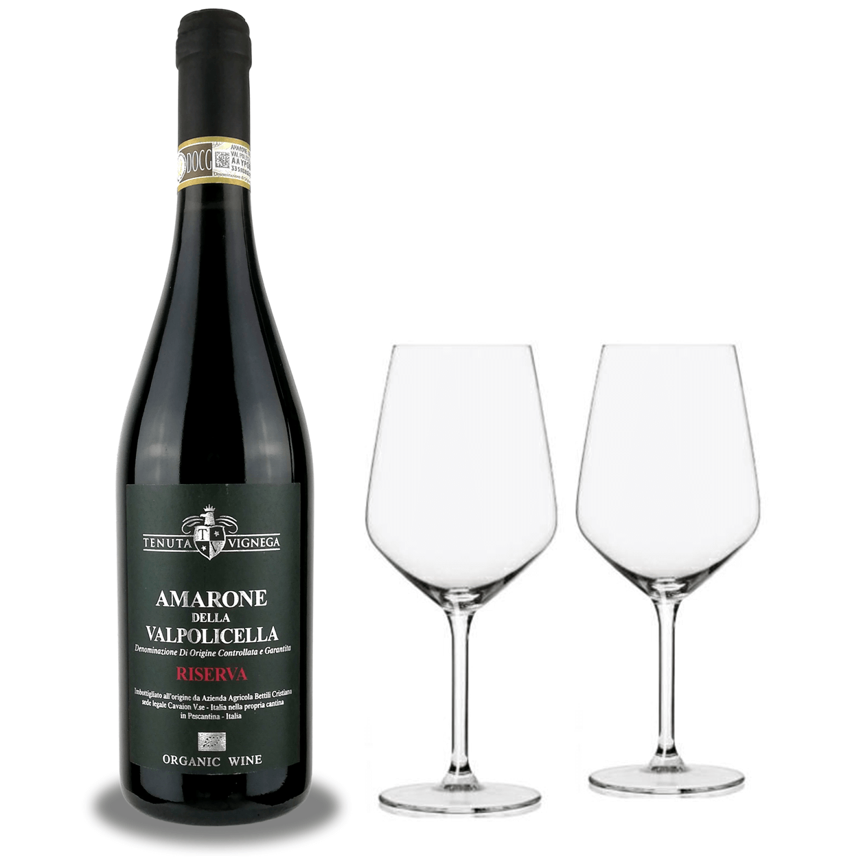 Riserva Amarone della Valpolicella DOCG Tenuta Vignega Bio 2011 Az. Agr. Cristiana Bettili in scatola regalo con calici in vetro