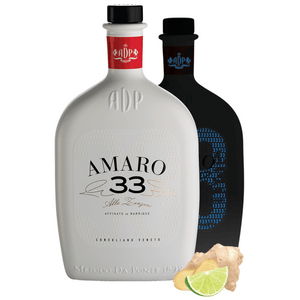 Pregiate partite di Grappa di Prosecco invecchiata incontrano le delicate note pungenti dello zenzero, donando alla tradizione una nota esotica e suadente.
Dai sentori freschi e accattivanti dell’antica radice, l’Amaro33 coinvolge il palato in un viaggio sensoriale particolare che da un primo impatto pieno e appagante si apre ad un retrogusto vellutato e decisamente originale, tutto da scoprire.
Nuovo design in bottiglia da 50 cl con tappo versatore. L’etichetta luminescente si “carica” di giorno