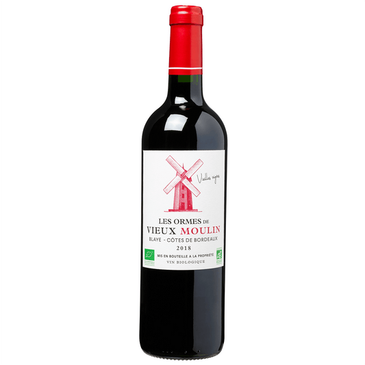 Vino da agricoltura biologica e senza solfiti aggiunti. 

Nota di degustazione:
Bel colore violaceo con frange bluastre, naso aperto su frutti rossi (fragola, lampone e ribes), esaltato da delicate note speziate, in bocca questo vino offre una bella struttura e densità.
Gli aromi di frutti rossi e chiodi di garofano gli conferiscono una bella complessità.

Les Ormes de Vieux Moulin è un vino rosso biologico, potente, fruttato e con sensazioni leggermente tostate.
Un vino biologico che si abbina