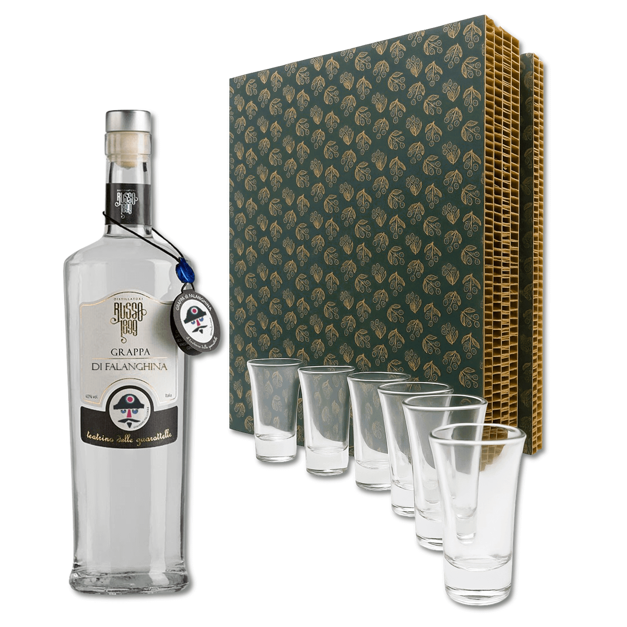 Grappa delicata, caratterizzata da note floreali di lavanda e camomilla e fruttate di dattero.

Questa è una Grappa divina con piacevoli sentori di muschio bianco.


Contiene: Grappa di Falanghina 70cl Distillatori Russo 1899 70cl + 6 Bicchierini in vetro

Misure scatola: cm 9x29x36