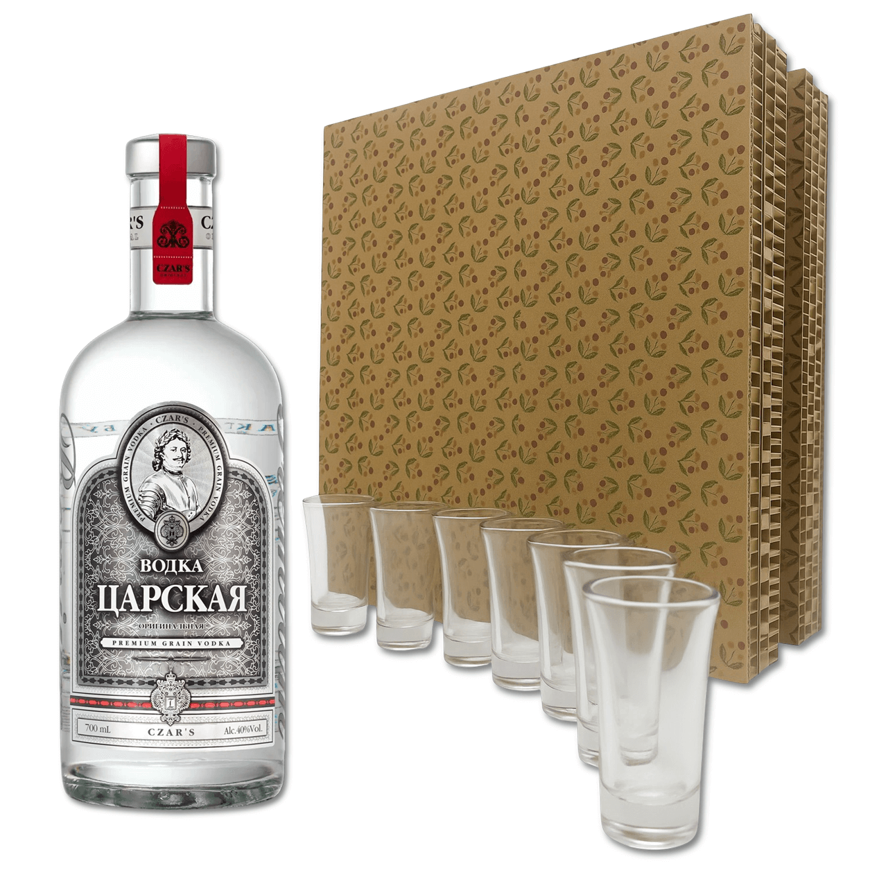 Ricetta unica per questa premium Vodka ritrovata nei documenti storici dell'epoca dell'imperatore Pietro il Grande.

Distillata 4 volte e passa 11 fasi di purificazione prima dell'imbottigliamento.

Tsarskaya la vodka per l'ostrica

Contiene: Vodka Premium Grain Tsarskaya Original Czar's 70cl 40%vol + 6 Bicchierini in vetro

Misure scatola: cm 11x30x36