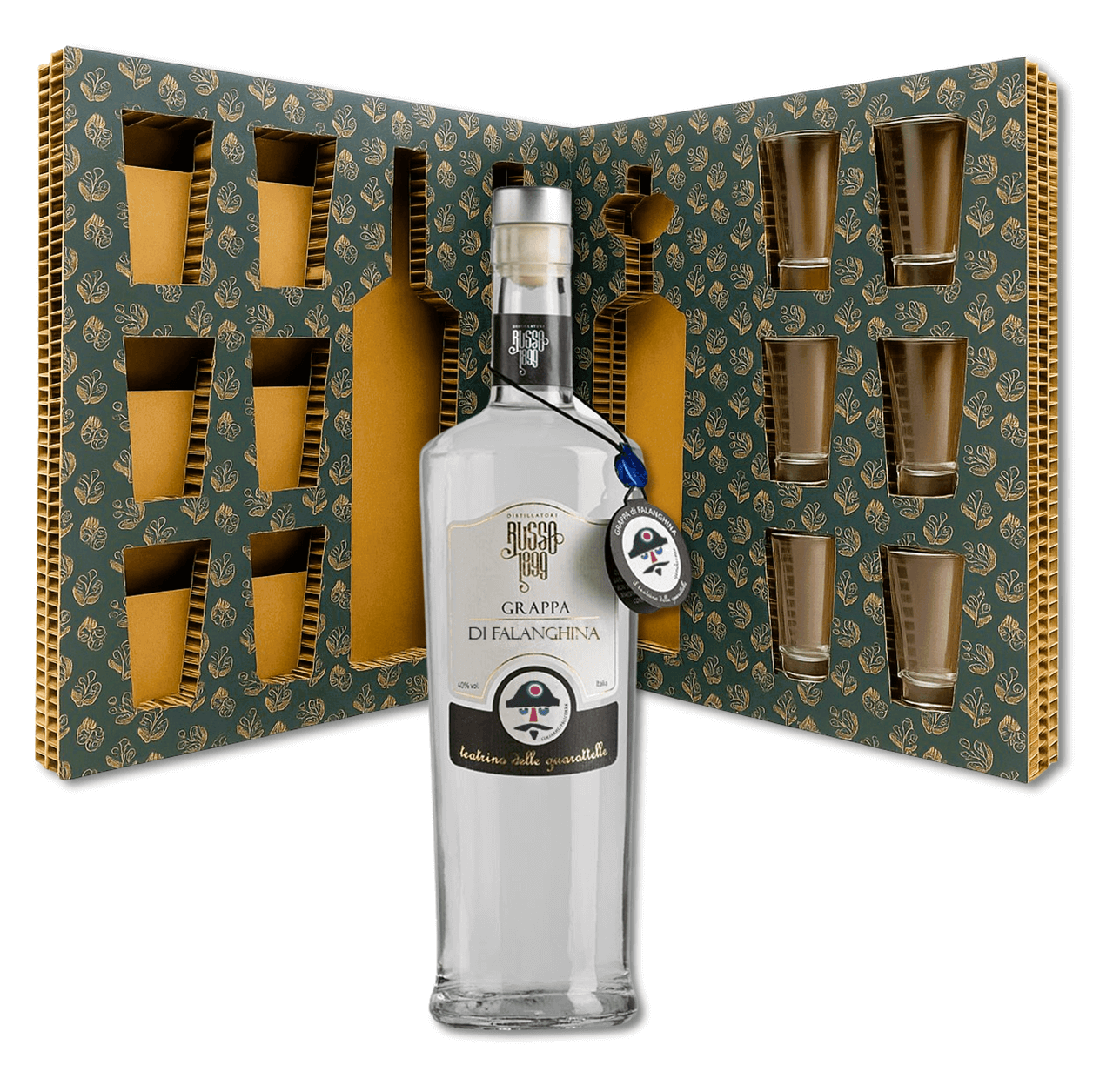Confezione regalo con Grappa di Falanghina 70cl Distillatori Russo e 6 bicchierini in vetro