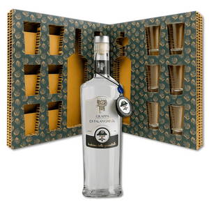 Confezione regalo con Grappa di Falanghina 70cl Distillatori Russo e 6 bicchierini in vetro