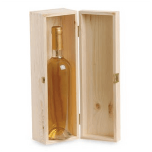 Leere Geschenkbox aus massivem Kiefernholz zur Aufnahme einer Standardflasche (750 ml).