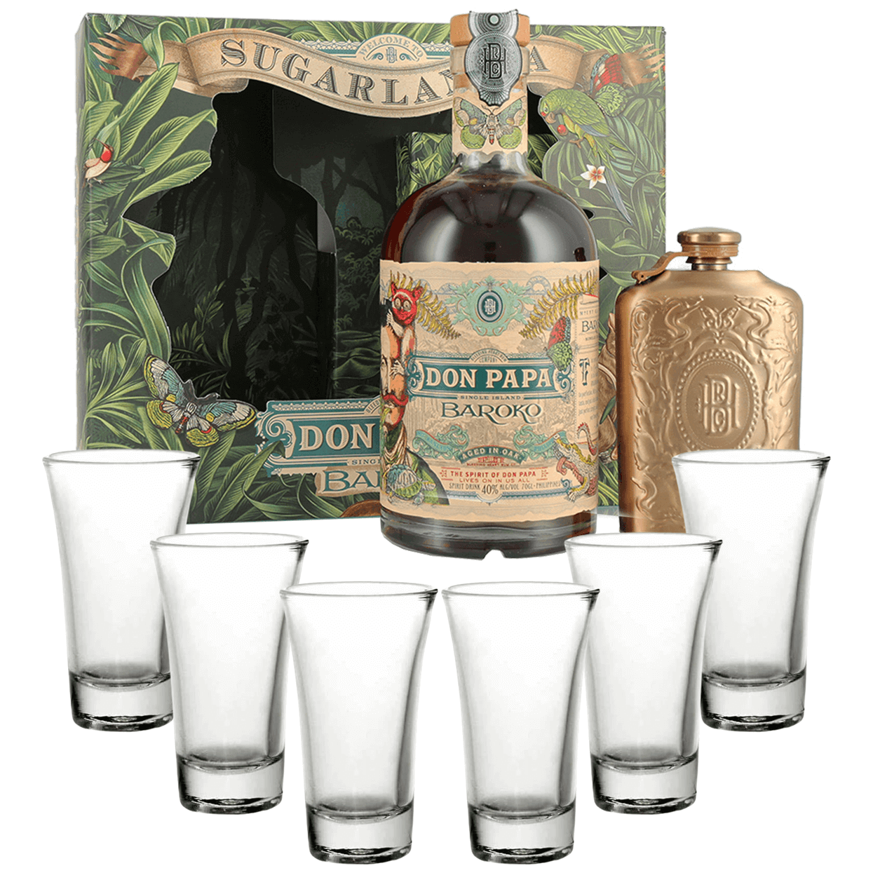 Don Papa Baroko Single Island Ricetta Originale 70cl + Fiaschetta in confezione regalo e 6 bicchierini in vetro