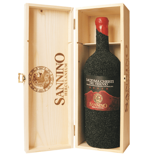 Magnum Lacryma Christi del Vesuvio Rosso Sannino 1,5 litri Herculaneum in pietra lavica in cassa di legno