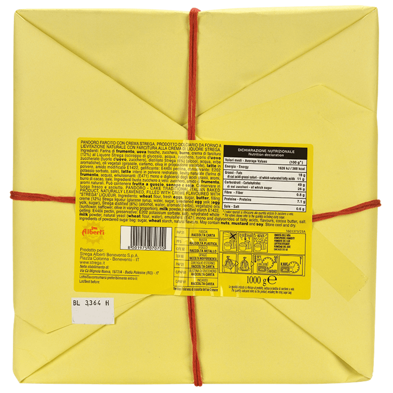 Ingredienti: farina di frumento, uova fresche, zucchero, burro, crema di farcitura (12%) al Liquore Strega (sciroppo di glucosio, acqua, zucchero, tuorlo d'uovo zuccherato (tuorlo d'uovo, zucchero), distillato Strega (6%) (alcool, acqua, erbe aromatiche), oli vegetali (girasole, cartamo, oliva in proporzione variabile), latte in polvere, amido modificato E1422, gelificante: E440ii pectina, conservante: E202 potassio sorbato, sale), latte intero in polvere reidratato, lievito naturale (frumento), emulsionant