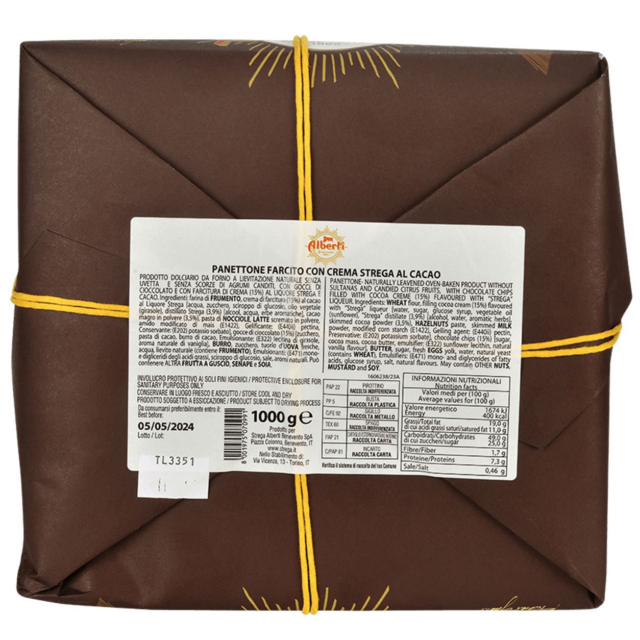 Ingredienti: farina di frumento, crema di farcitura (15%) al cacao al Liquore Strega [acqua, zucchero, sciroppo di glucosio, olio vegetale (girasole), distillato Strega (3,9%) [alcool, acqua, erbe aromatiche], cacao magro in polvere (3,5%), pasta di nocciole, latte scremato in polvere, amido modificato di mais (E1422), gelificante: (E440ii) pectina, conservante: (E202) potassio sorbato], gocce di cioccolato (15%) [zucchero, pasta di cacao, burro di cacao, emulsionante: (E322) lecitina di girasole, aroma nat