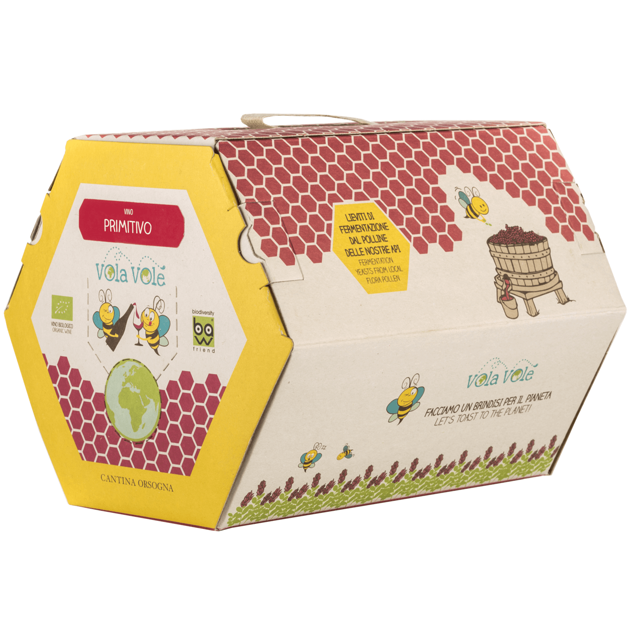 Vino Biologico Vegan con certificazione Biodiversity friend.

Lieviti di fermentazione dal polline delle nostre api.

Rosso rubino vivace, al naso prugne, carrube, ciliegie.

In bocca è caldo, giustamente tannico, intenso, con un finale di frutta rossa in confettura. 

Morbido e vellutato.