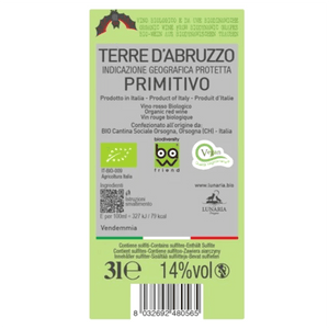 Bag in Box Primitivo Terre d'Abruzzo Lunaria Orsogna Biodinamico Demeter Vegan 3 litri