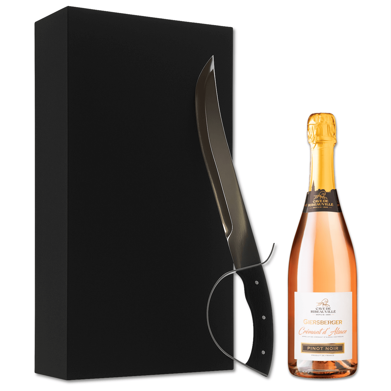 CONSEGNA GRATUITA

Scatola regalo in elegante cartone satinato nero con chiusura calamitata con sciabola pesante in metallo e impugnatura in elegante legno di colore nero, attrezzatura per effettuare il sabrage, ovvero apertura dello champagne o spumante effettuata facendo saltare il collo in vetro della bottiglia. cm 43.6x22.3x10&nbsp;

Una Bottiglia di Cremant Pinot Noir Rosè AOC Alsazia Cave De Ribeauville Francia 75cl inclusa

Prodotto nel più puro rispetto del metodo tradizionale o Champenoise con vend