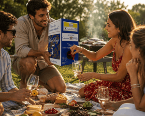 amici che bevono il vino dal bag in box da 5 litri