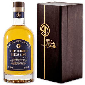 Grappa Riserva di Nebbiolo da Barolo 9 Jahre Antica Distilleria di Altavilla di Mazzetti in einer 70cl-Geschenkbox aus Holz