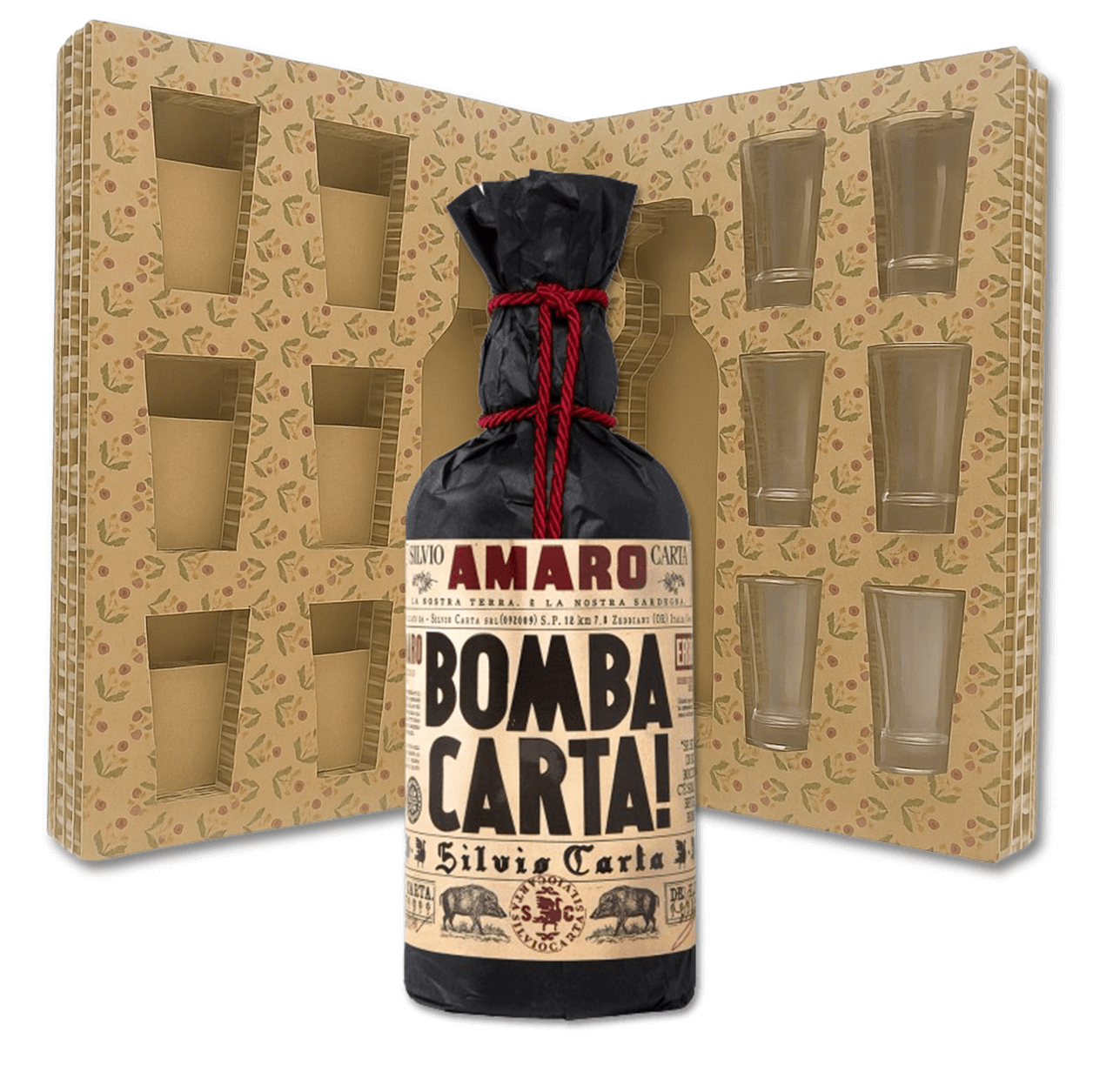 Confezione regalo con Amaro Bomba Carta Silvio Carta 70cl e 6 bicchierini in vetro