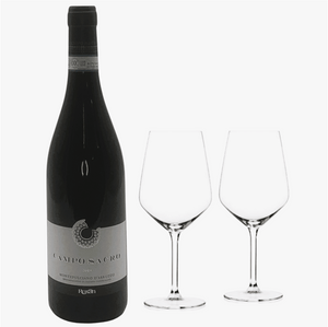 Montepulciano d'Abruzzo Campo Sacro 14%vol Casa Vinicola Roxan 2019 in a box with glass glasses