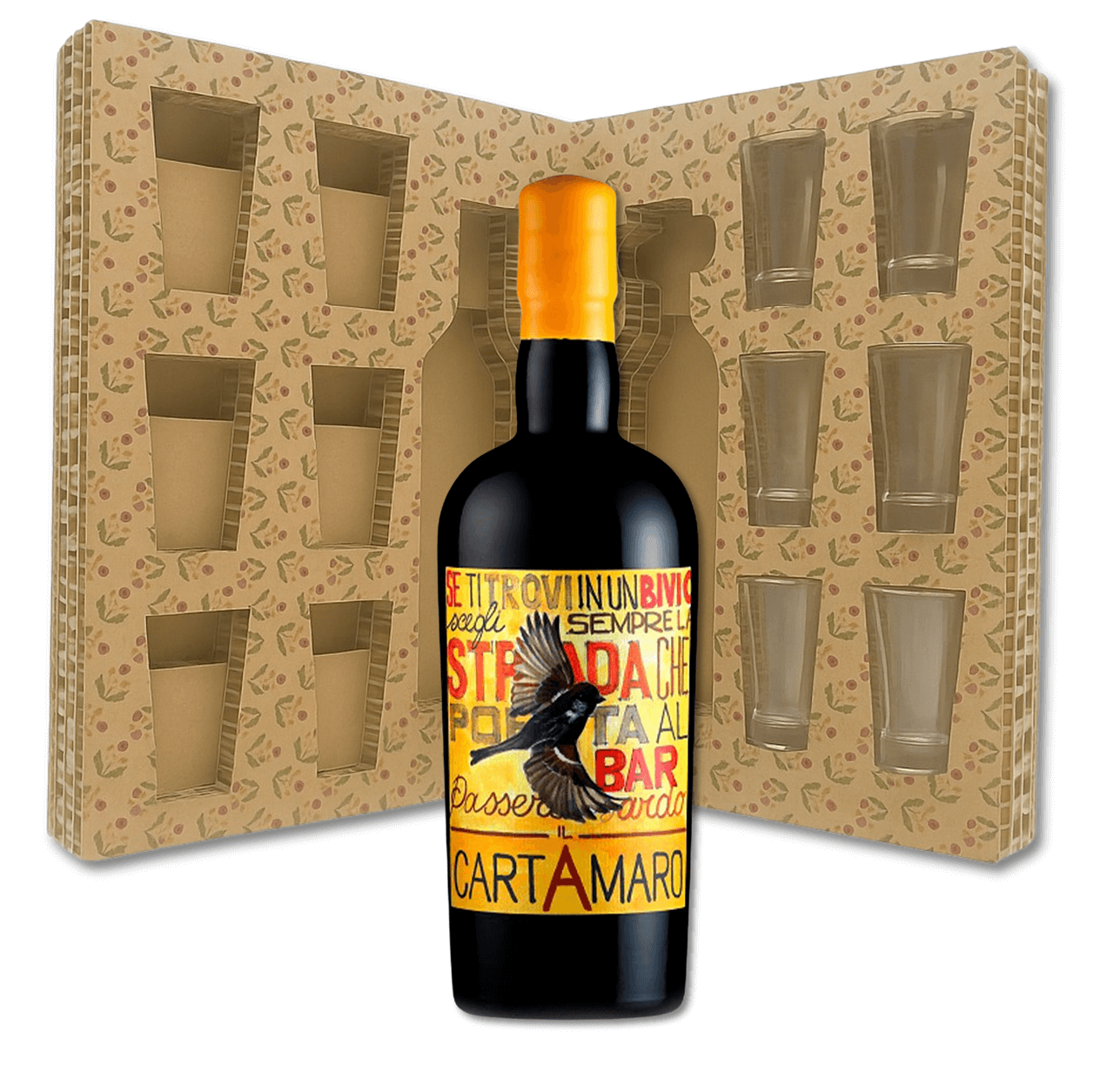 Confezione regalo con Amaro CartAmaro Silvio Carta Sardegna 70cl e 6 bicchierini in vetro
