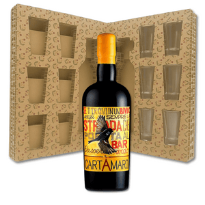 Confezione regalo con Amaro CartAmaro Silvio Carta Sardegna 70cl e 6 bicchierini in vetro