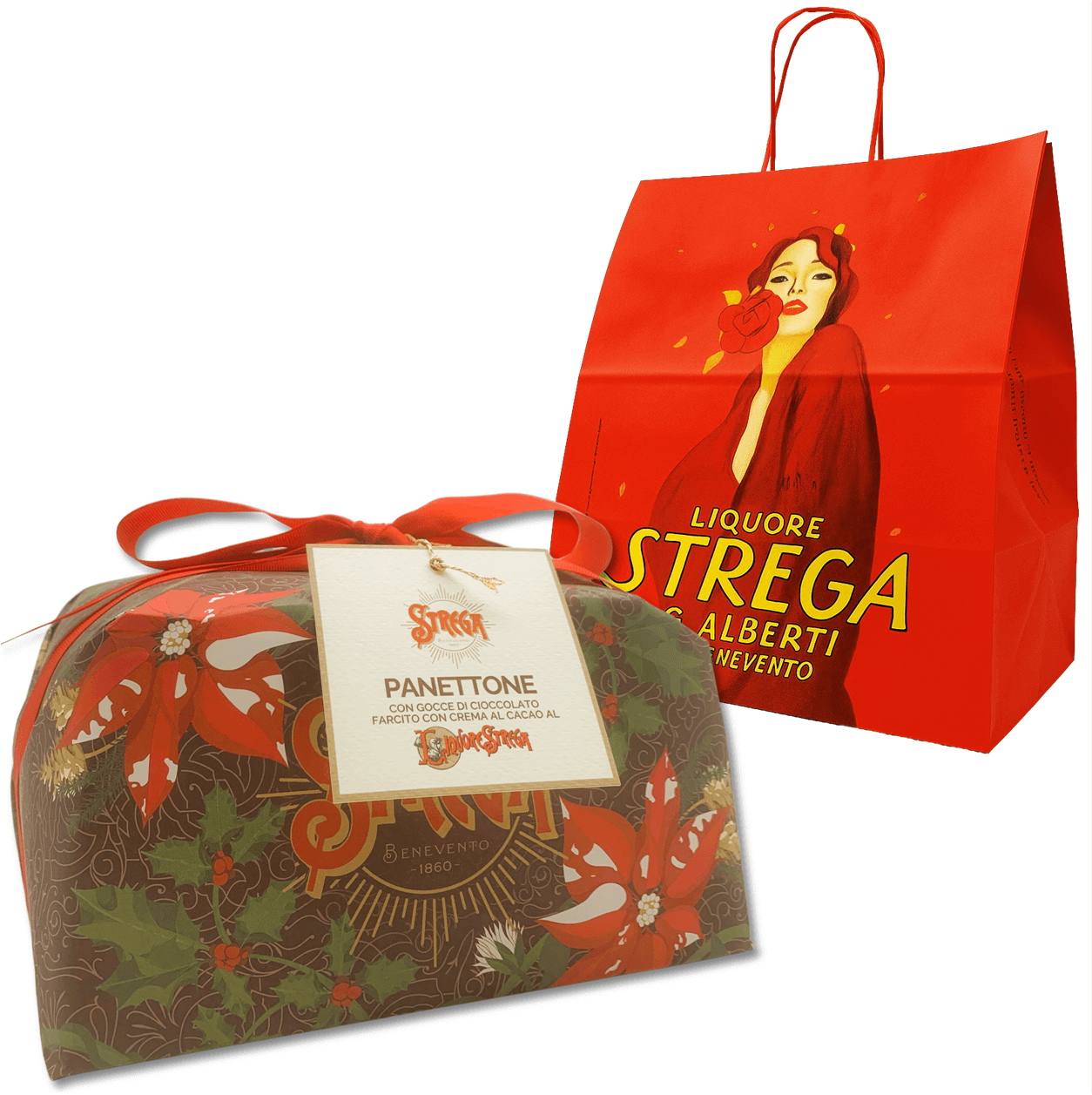 Panettone alla crema al cioccolato al liquore Strega Alberti 1KG Lievitazione naturale (in busta regalo Strega collezionabile)
