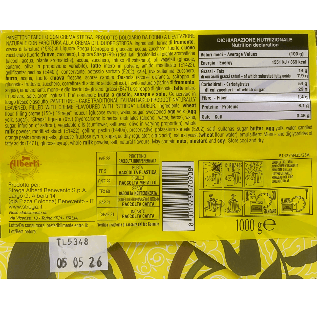 Panettone alla crema al liquore Strega Alberti 1KG Lievitazione naturale (in busta regalo Strega collezionabile)