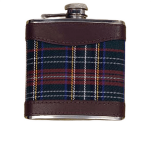 Stainless steel hip flask covered in elegant fabric and leather (packaged in cellophane)