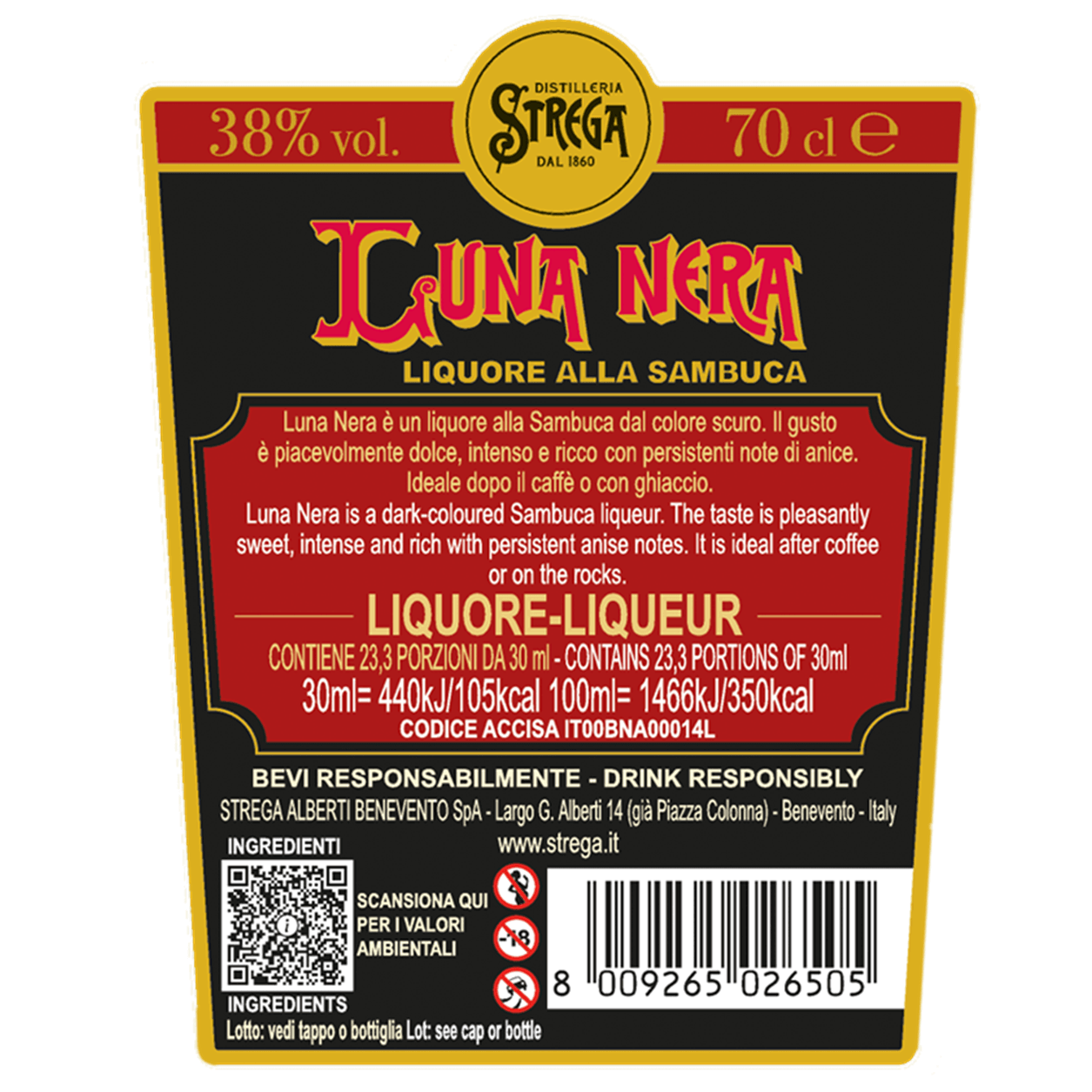 Luna Nera Liquore alla Sambuca Distilleria Strega in busta regalo 70cl