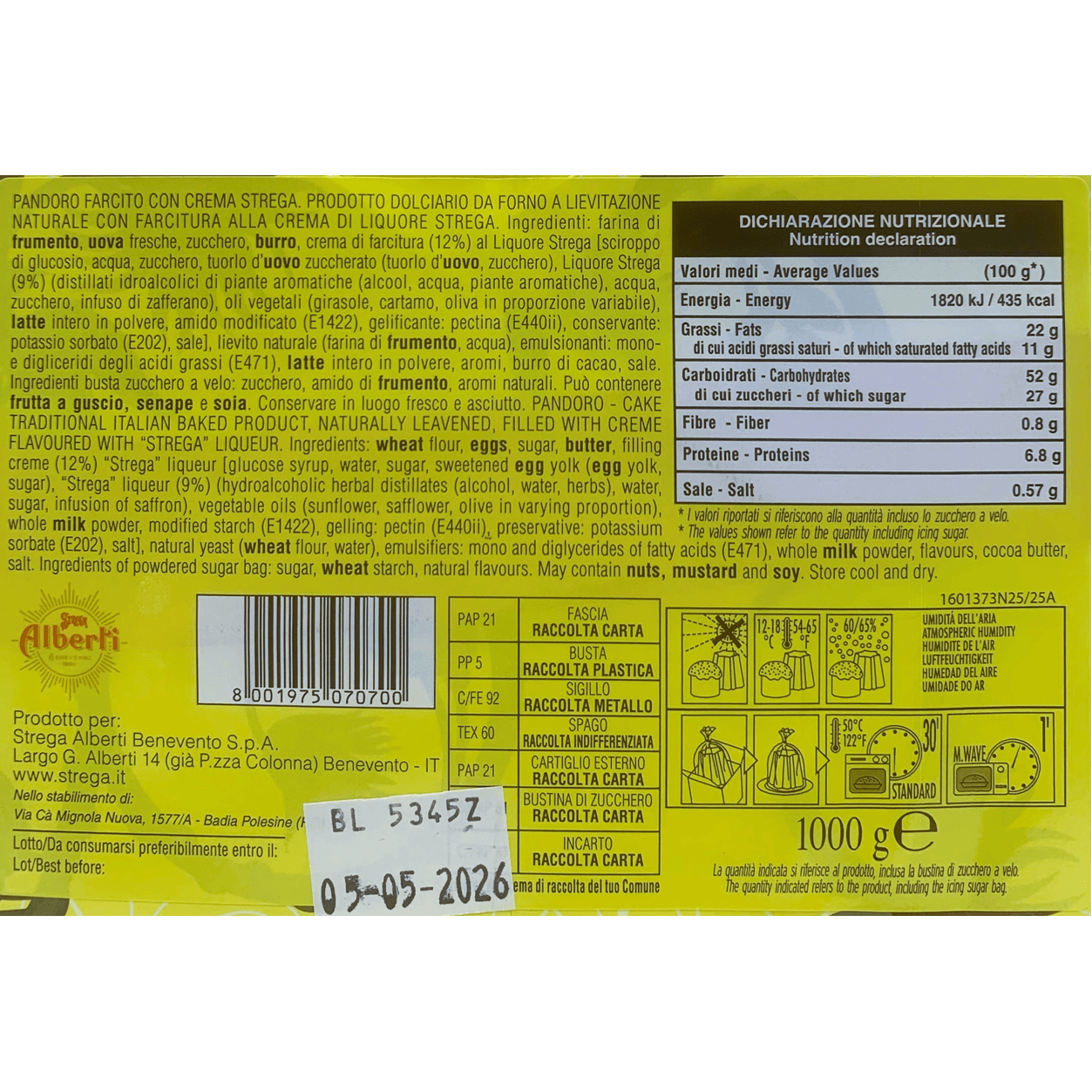 Pandoro alla crema di liquore Strega Alberti 1KG Lievitazione naturale (in busta regalo Strega collezionabile)