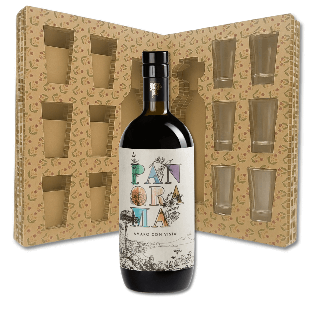 Confezione regalo con Amaro Panorama Artigianale 70cl Distillatori Russo e 6 bicchierini in vetro