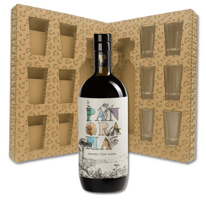Confezione regalo con Amaro Panorama Artigianale 70cl Distillatori Russo e 6 bicchierini in vetro