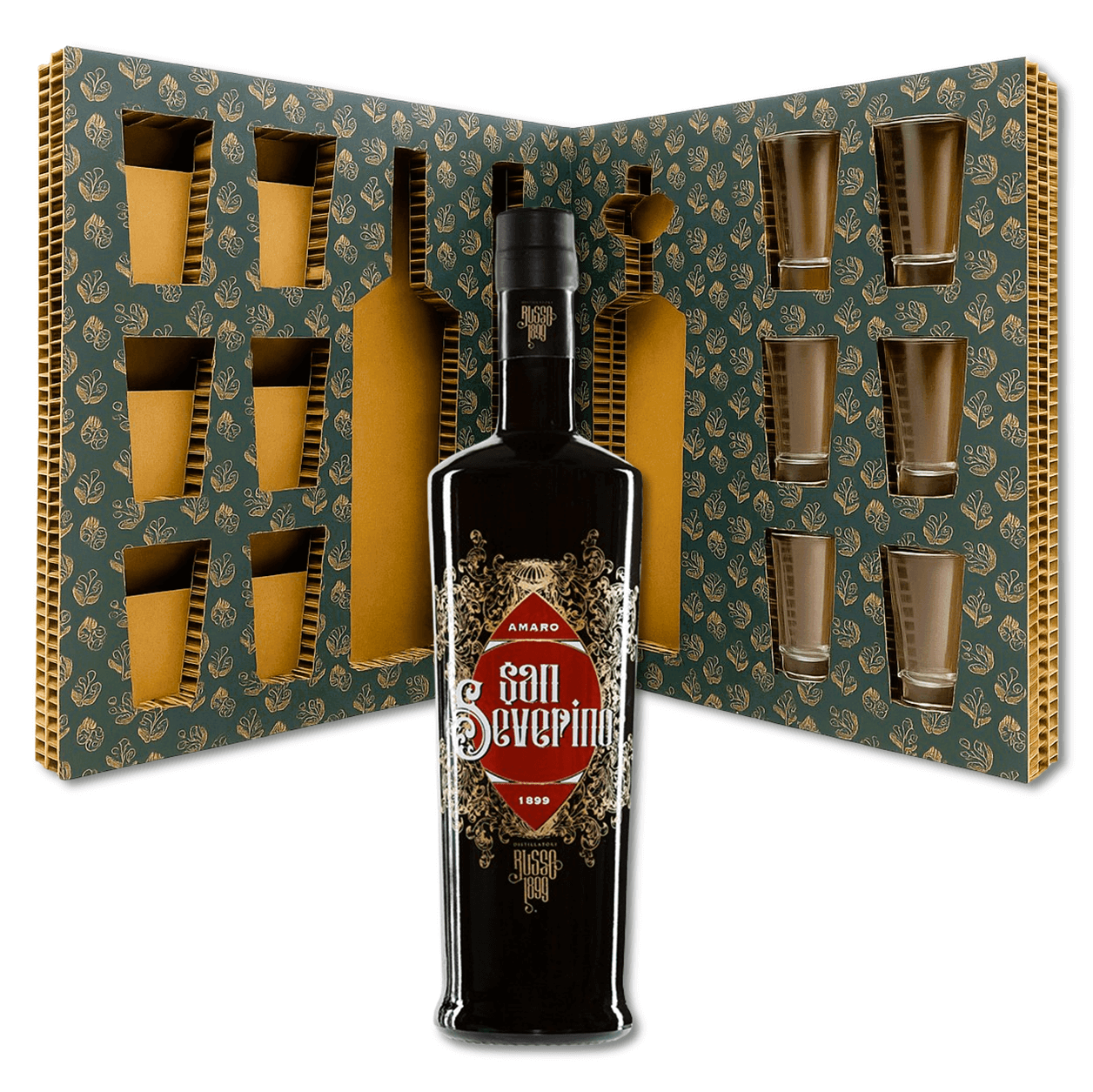 Confezione regalo con Amaro naturale artigianale di San Severino Distillatori Russo 1899 e 6 bicchierini in vetro