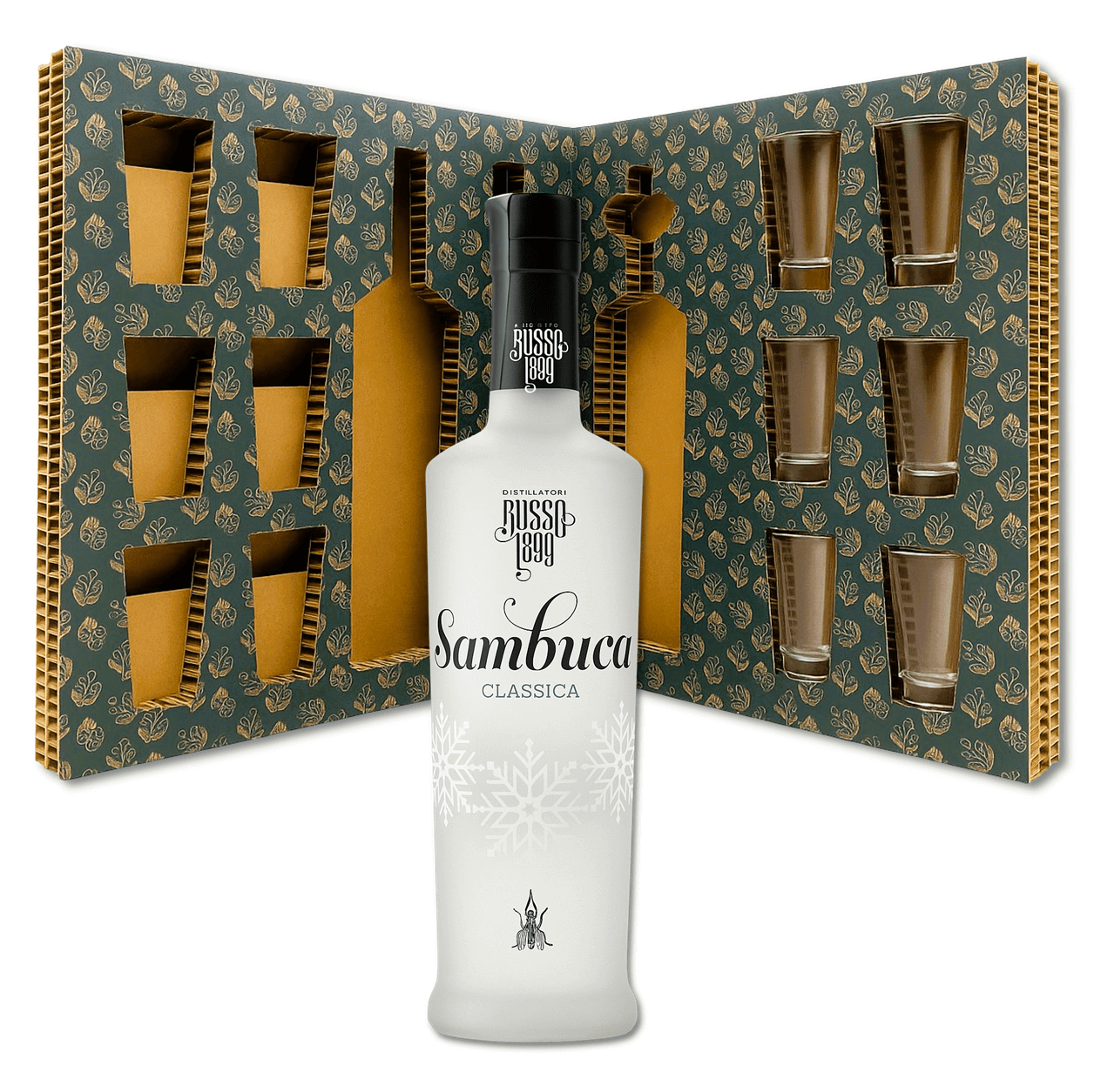 Confezione regalo con Sambuca Distillatori Russo e 6 bicchierini in vetro
