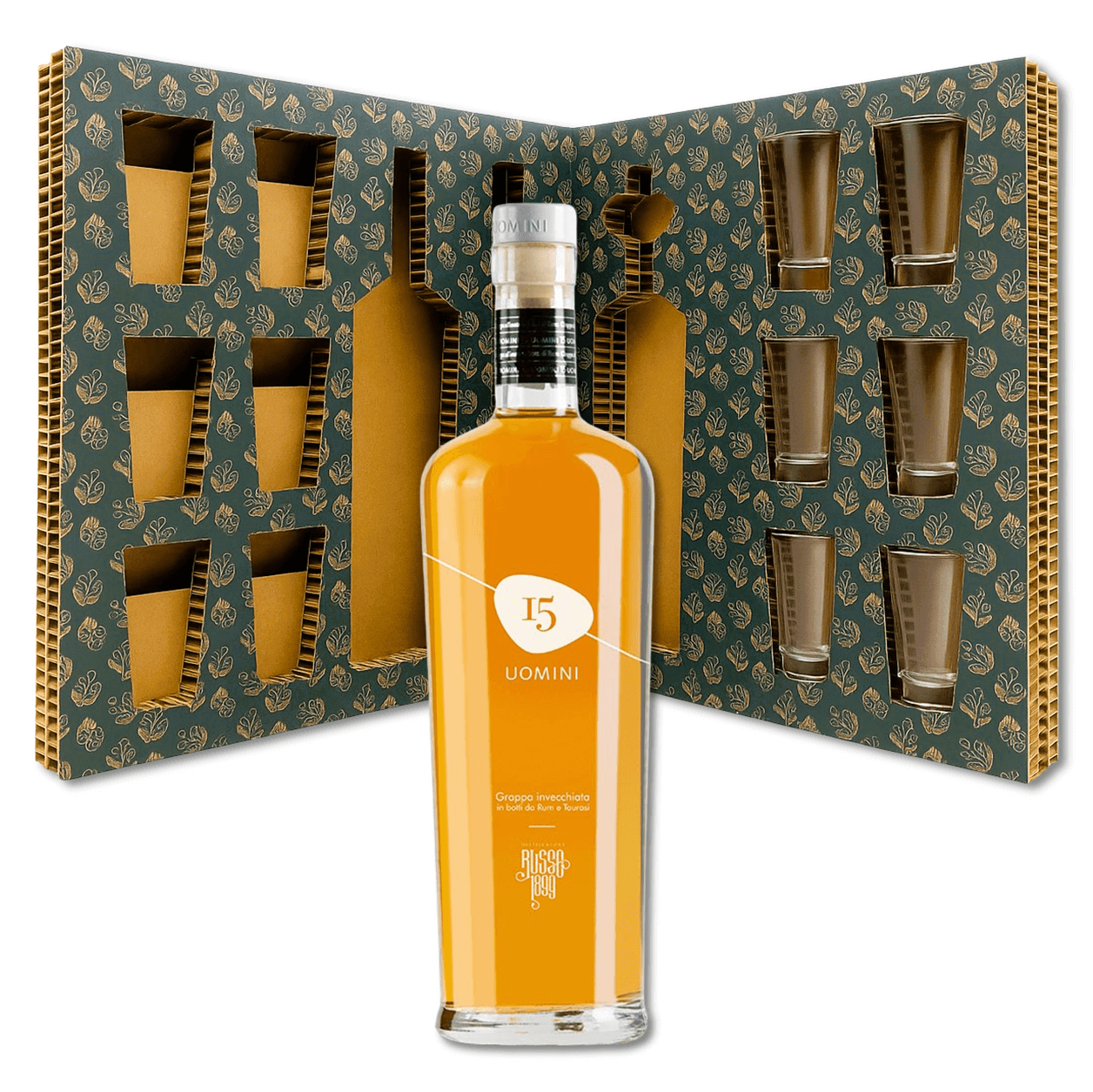 Confezione regalo con Grappa 15 Uomini affinata in botti da Rum e Taurasi Distillatori Russo e 6 bicchierini in vetro