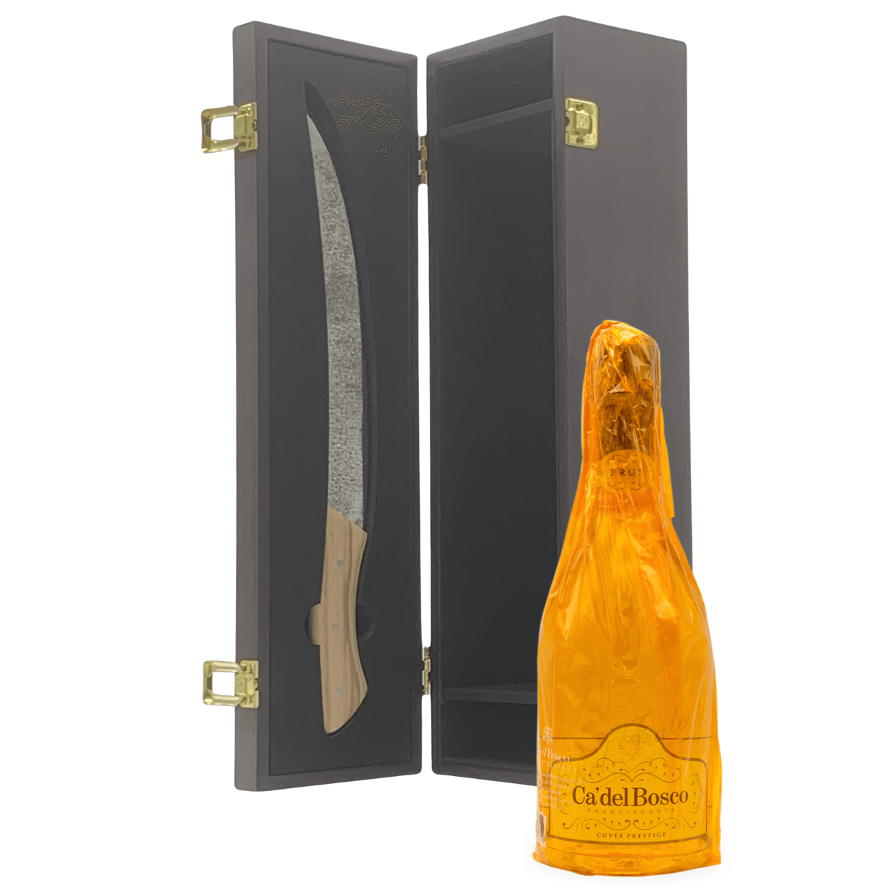 Sciabola per Champagne in cofanetto regalo di legno con bottiglia di Cà Del Bosco Franciacorta 75cl inclusa