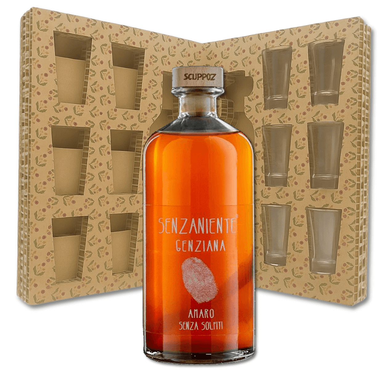 Confezione regalo con Genziana Senzaniente senza solfiti Scuppoz 70cl e 6 bicchierini in vetro