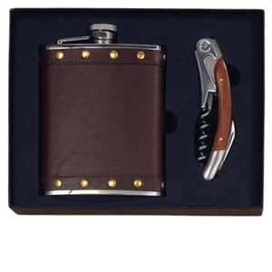 Jacket Flask and Corkscrew Gift Set French Corkscrew with Wooden Handle in Gift Box